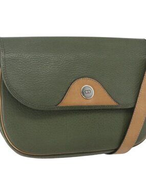 Authentic Christian Dior Shoulder Bag Leather Khaki Gold